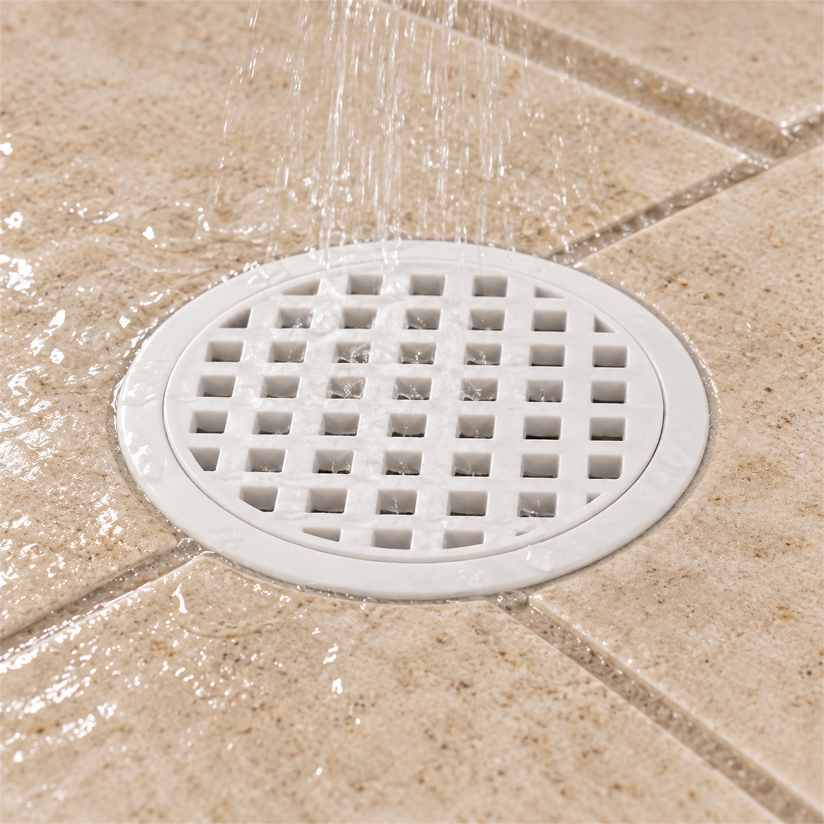 Rejilla blanca instalada en piso de baño; vista cercana
