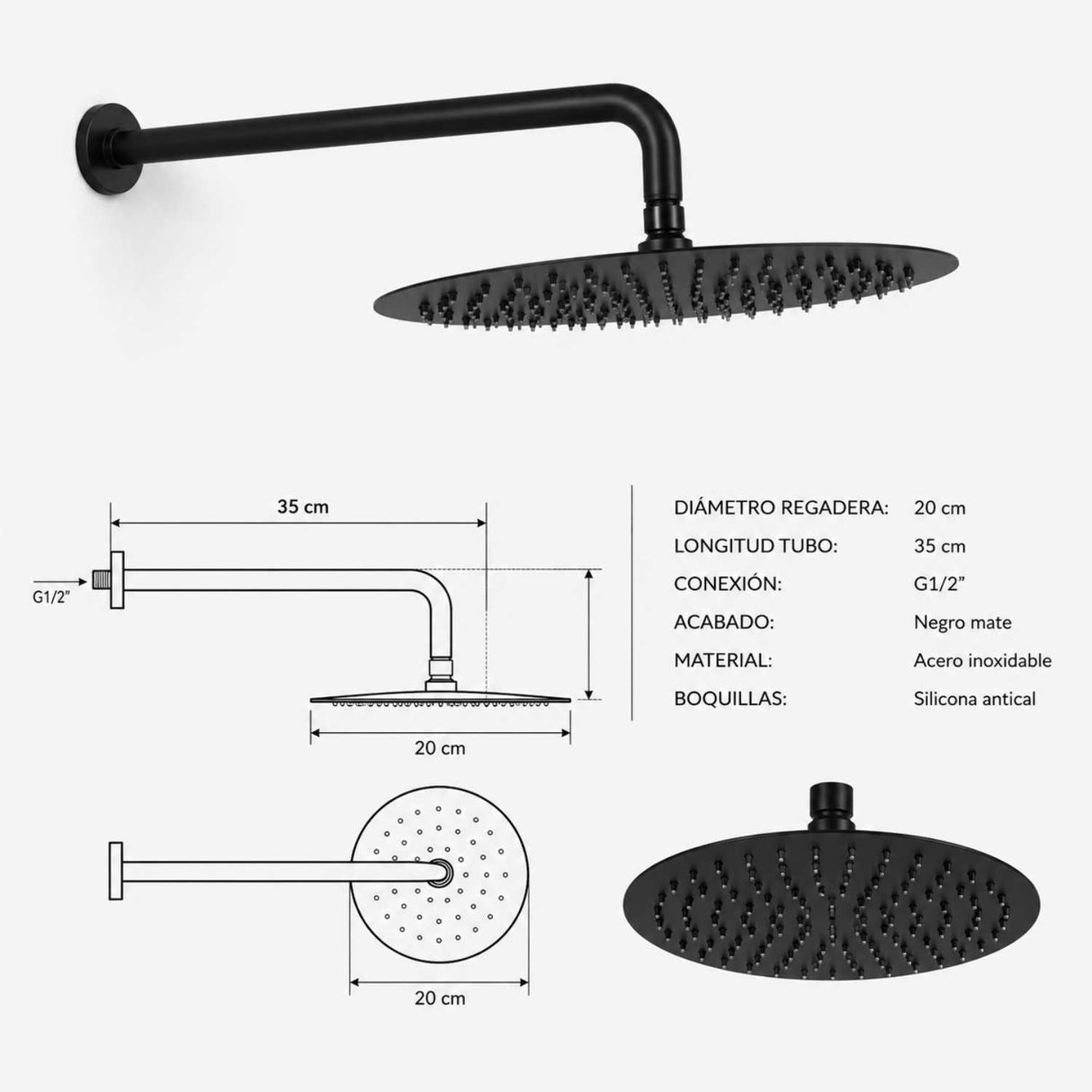 Regadera Redonda Negra 20 cm Acero Inoxidable con Tubo 35 cm y Escudo | Ducha Tipo Lluvia Moderna Premium para Baño
