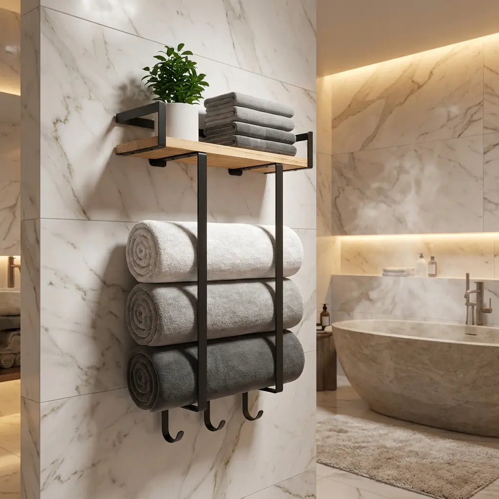 Toallero de Baño con Repisa de Madera y 3 Ganchos – Organizador de Pared para Toallas