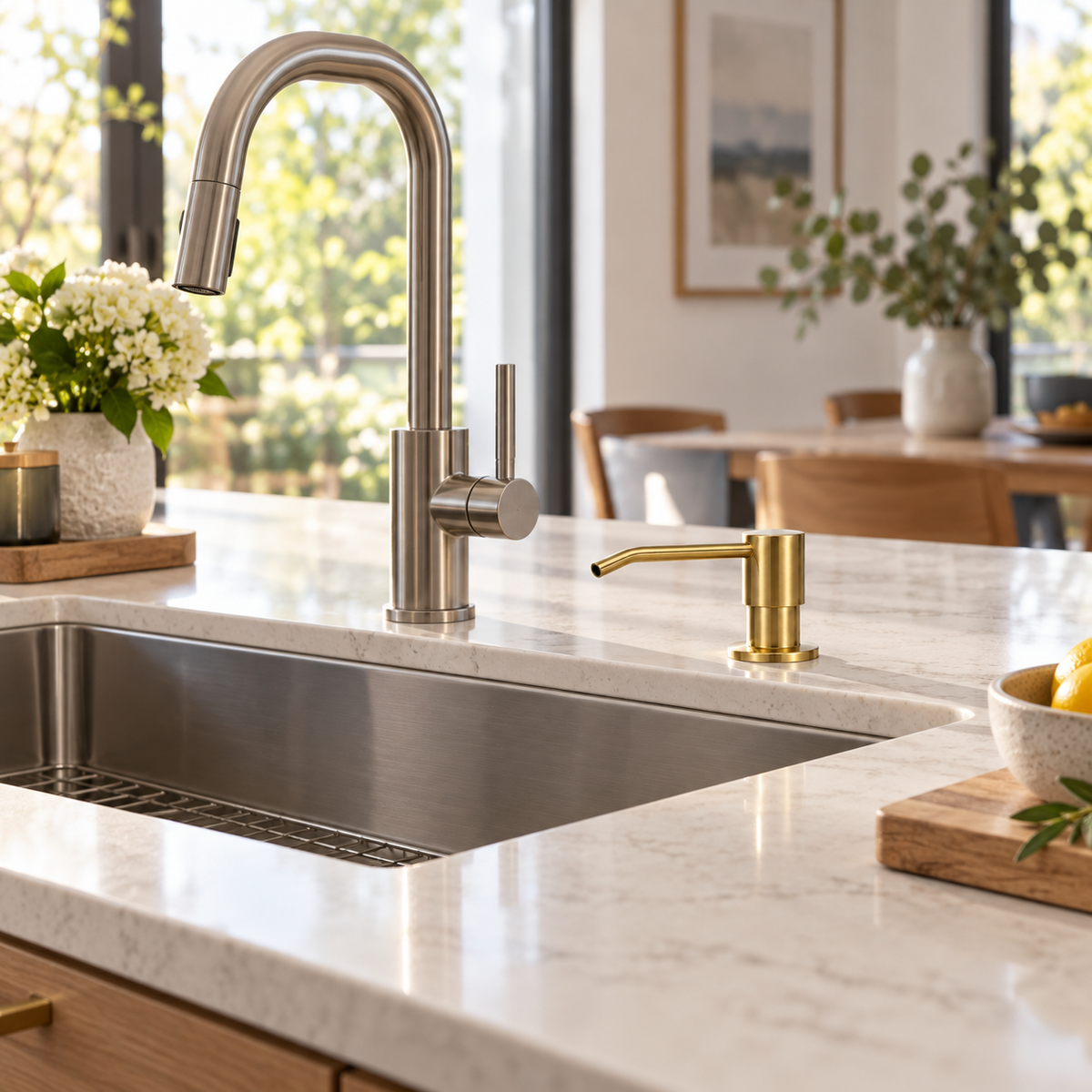 Dispensador de jabón oro satinado instalado en cocina, vista amplia