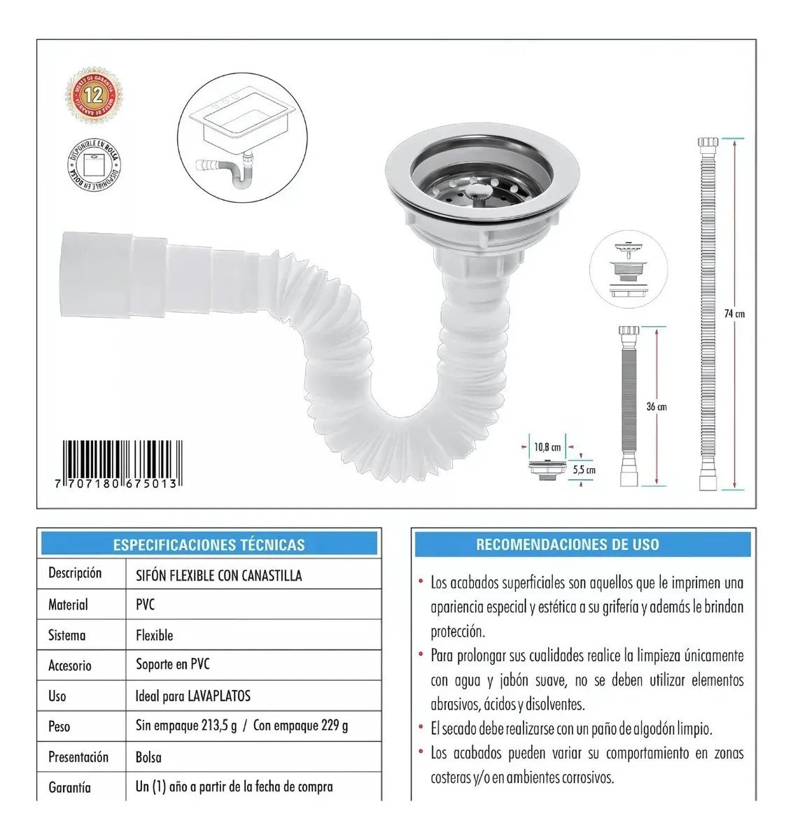 Sifon Lavaplatos Flexible Con Canastilla 4 Boccherin