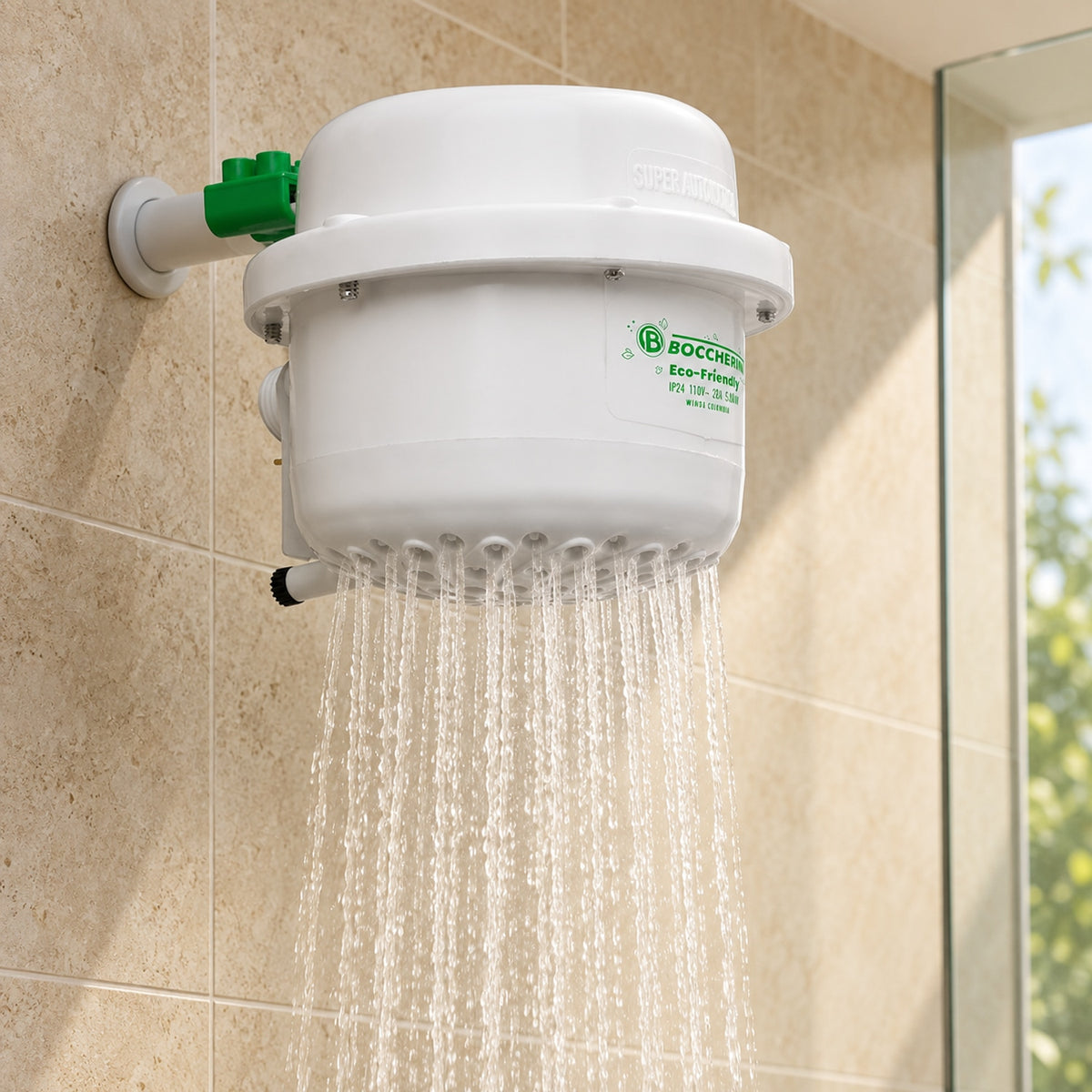 Ducha eléctrica blanca de calentamiento automático instalada en un baño; el agua cae desde las boquillas inferiores.