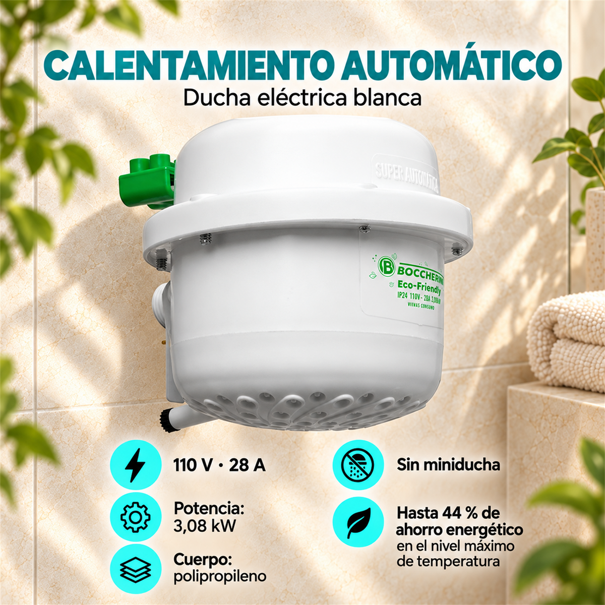 Ducha eléctrica blanca con calentamiento automático, 110 V, 28 A, potencia de 3,08 kW y cuerpo de polipropileno; sin miniducha.