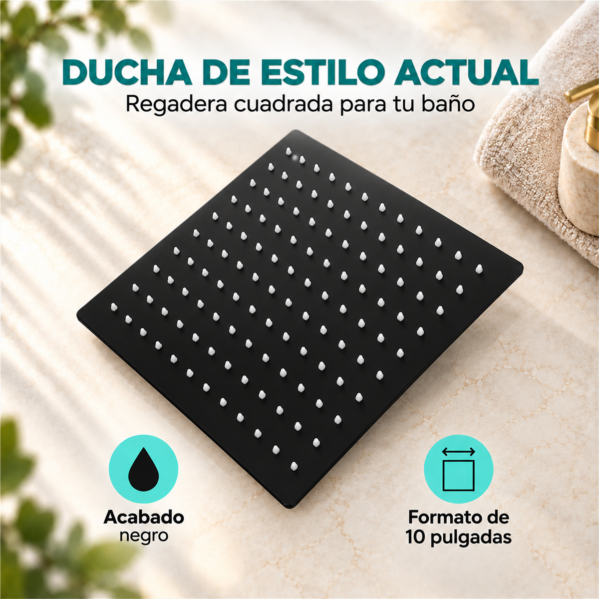 Detalle de regadera cuadrada negra de 10 pulgadas