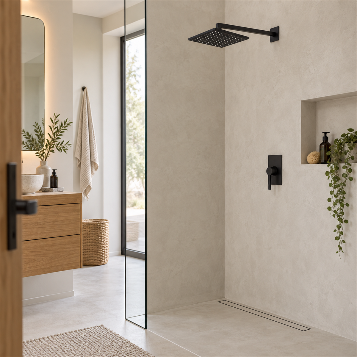 Regadera cuadrada negra en baño contemporáneo