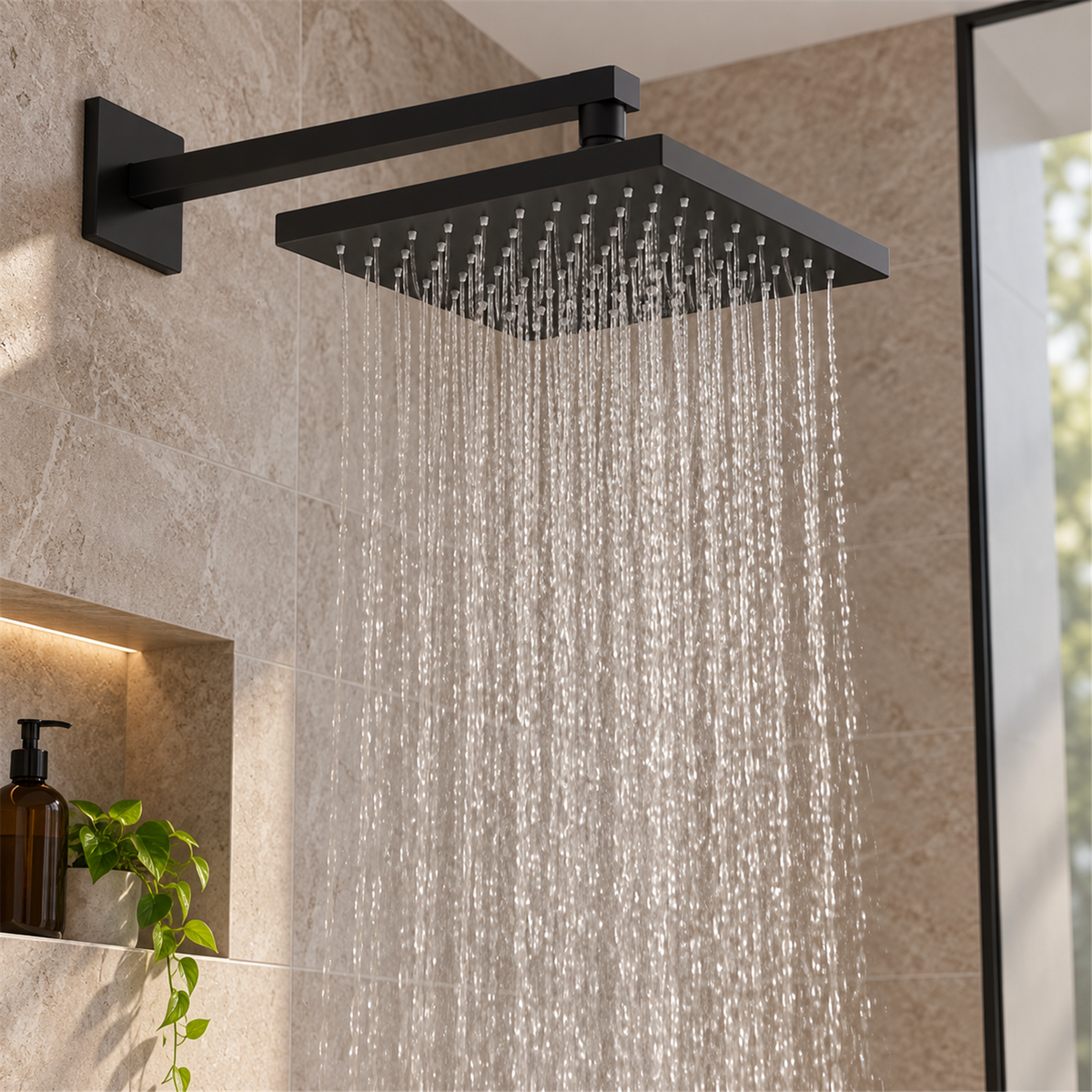 Regadera negra mate instalada en baño contemporáneo