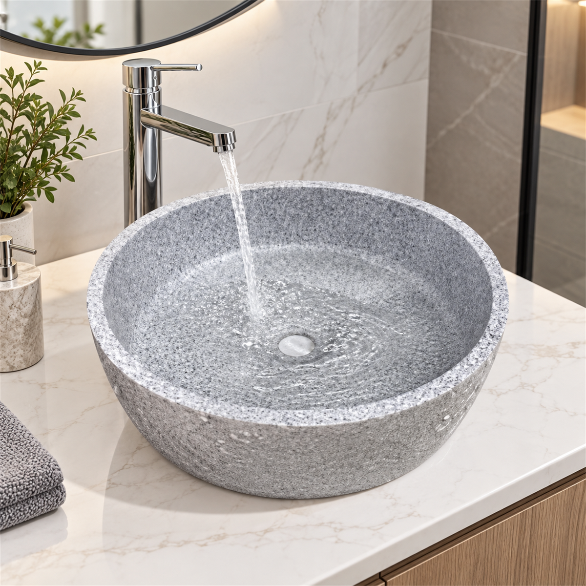 Lavamanos Stone gris instalado en baño