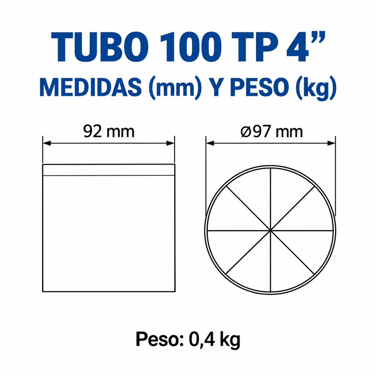 Plano de medidas del TUBO 100 TP 4 pulgadas
