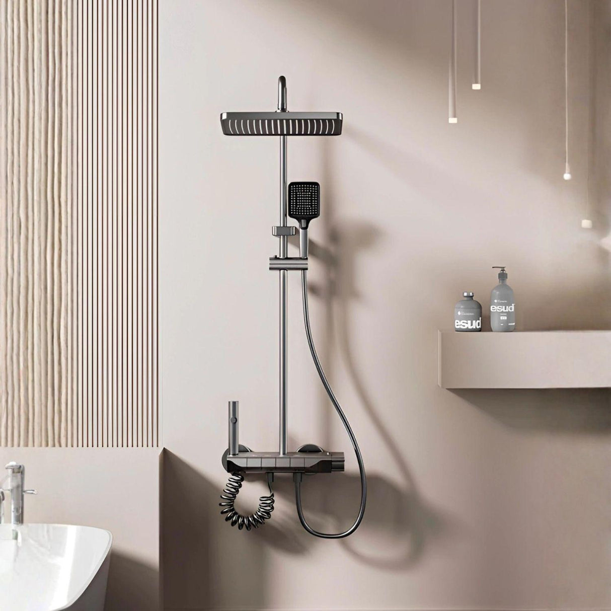 Torre de Ducha Tipo Piano Gris Cobalto Mate con Teleducha y Cabezal – Columna de Ducha Moderna Monocomando