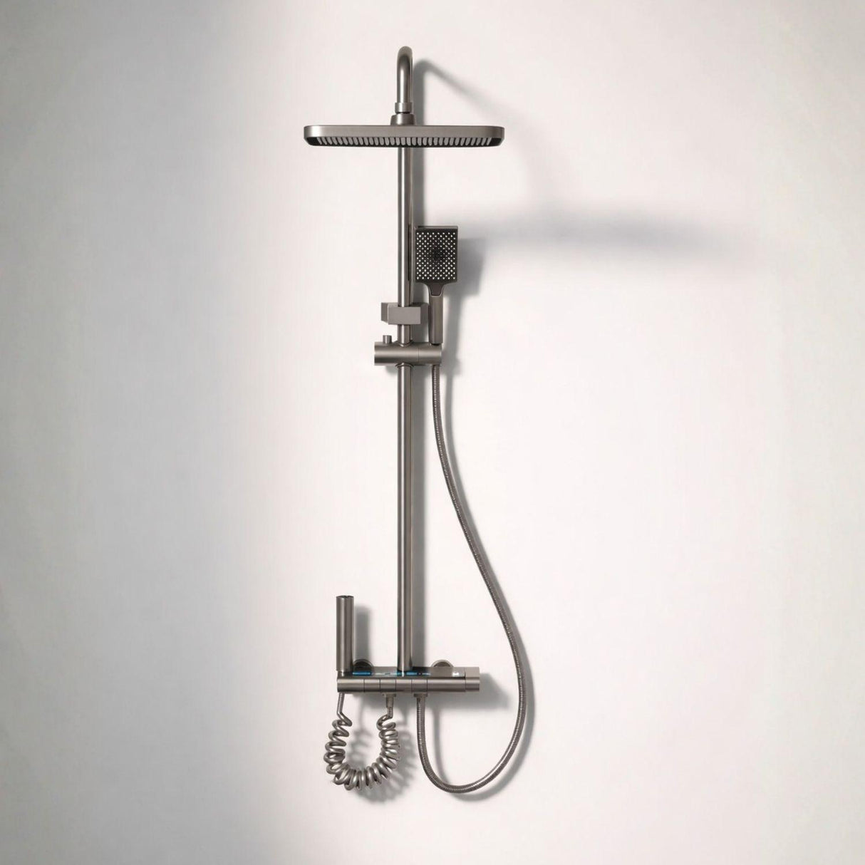 Torre de Ducha Tipo Piano Gris Cobalto Mate con Teleducha y Cabezal – Columna de Ducha Moderna Monocomando