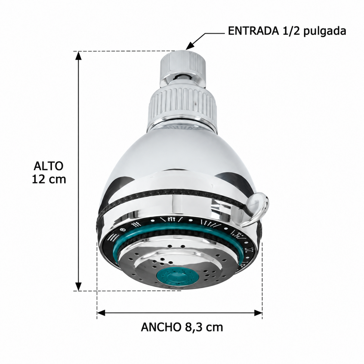 W8004 ficha técnica con medidas: alto 12 cm, ancho 8,3 cm y entrada 1/2 pulgada