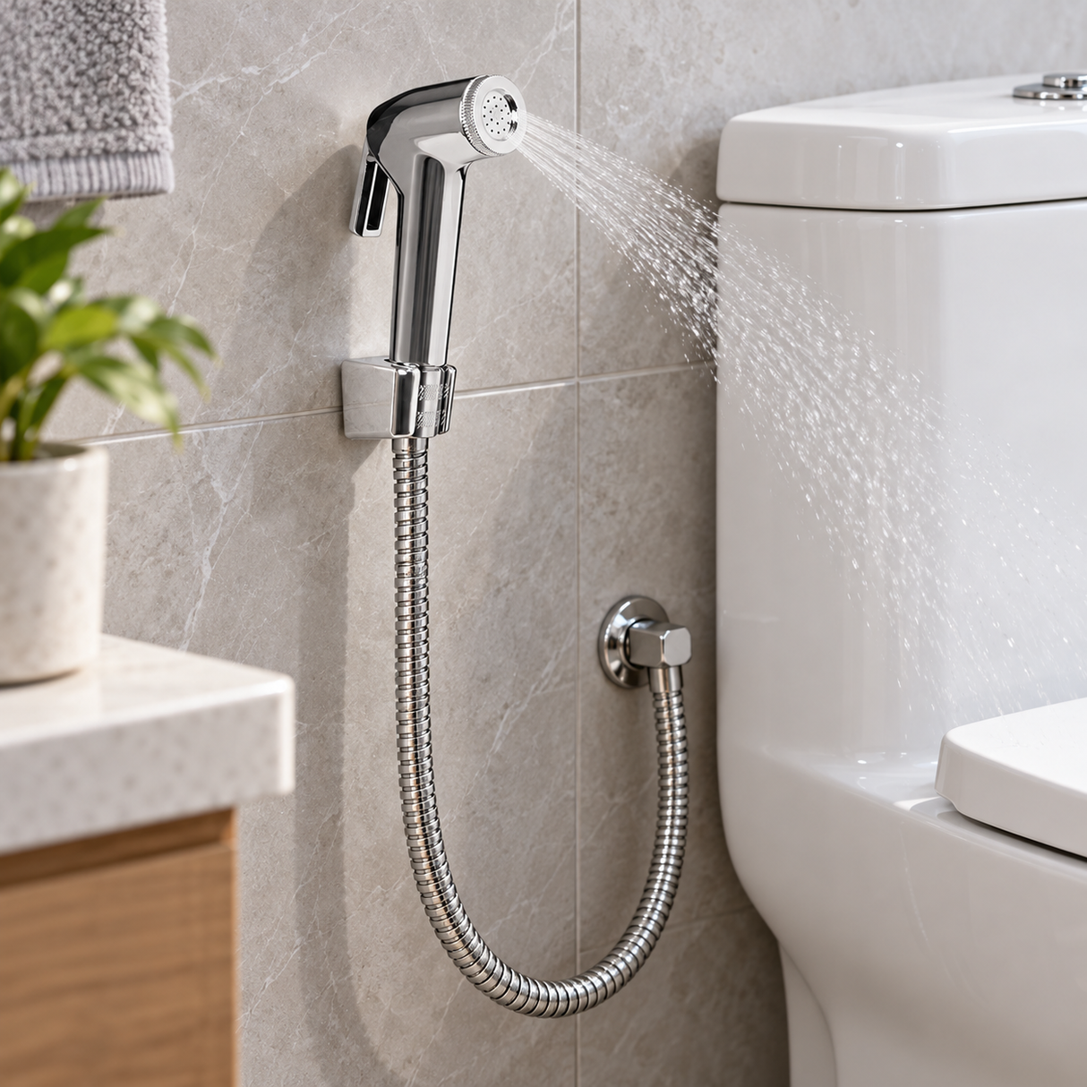 Ducha bidet cromada instalada junto al sanitario