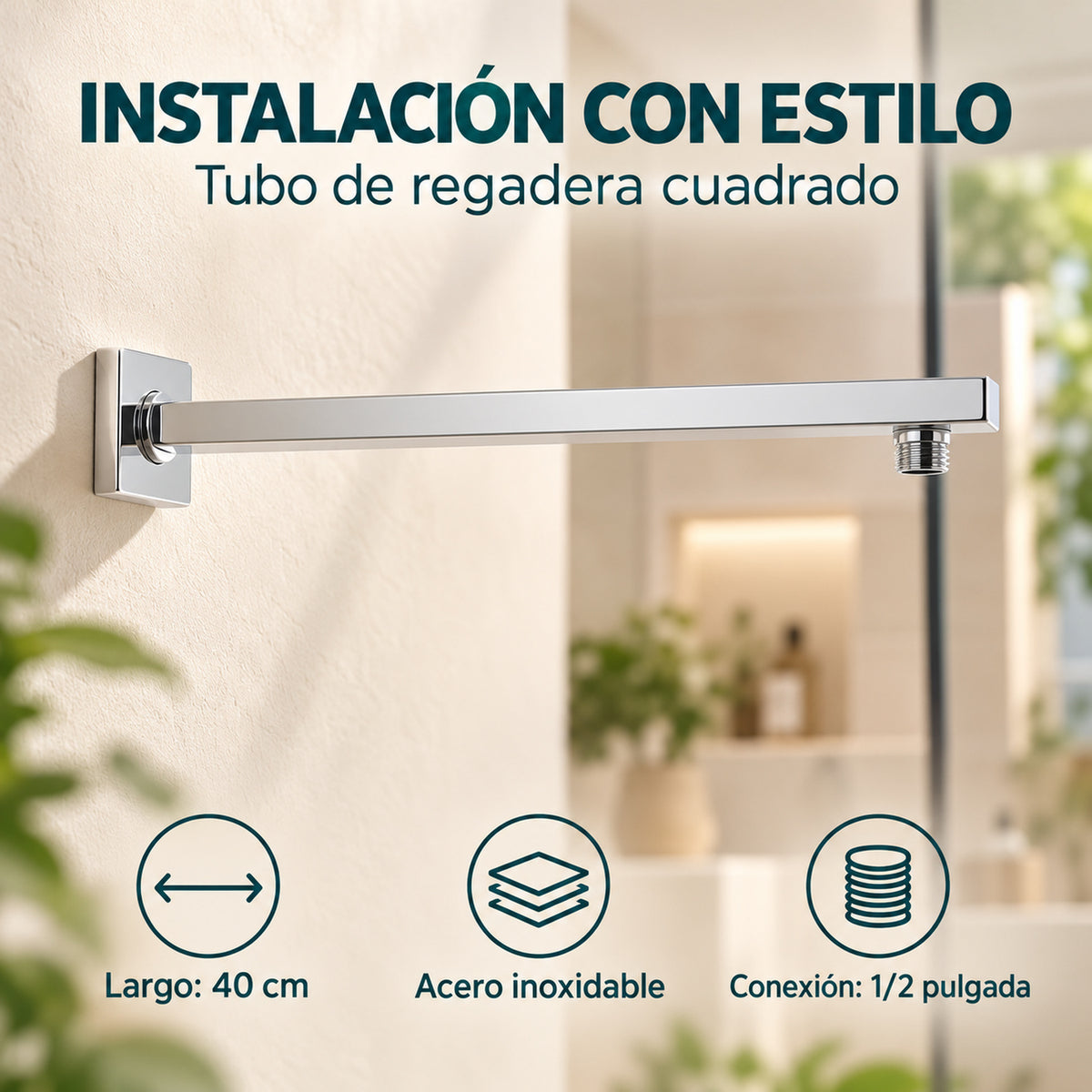 Brazo Cuadrado para Regadera Cromado 40 cm — características