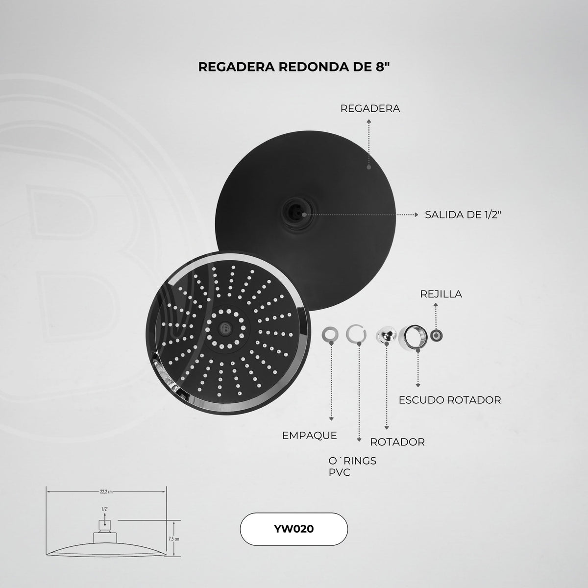 Regadera Redonda Negra Y Cromada De 8 Pulgadas — fotografía oficial 2