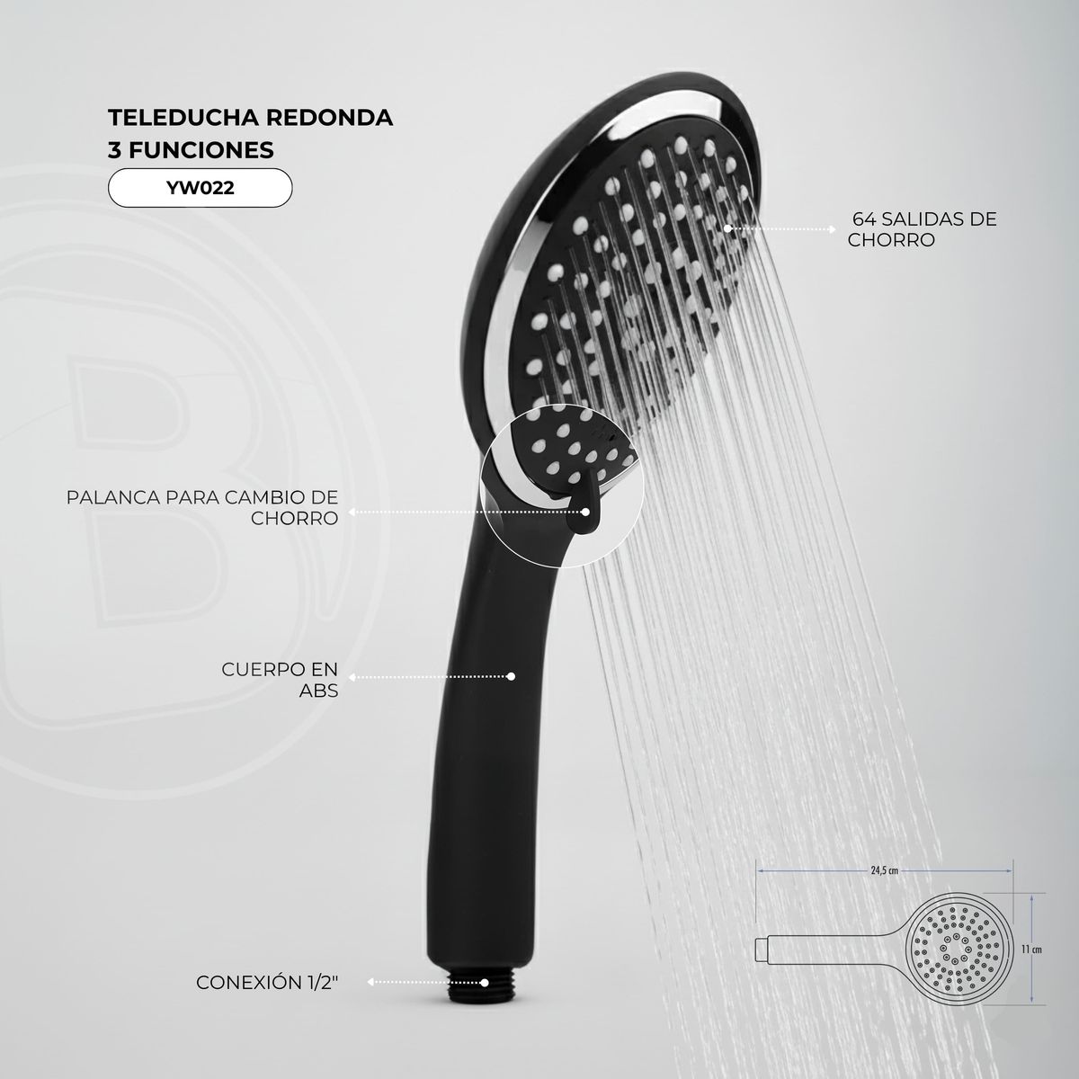 Teleducha redonda de tres funciones en ABS negro y cromo vista original 2