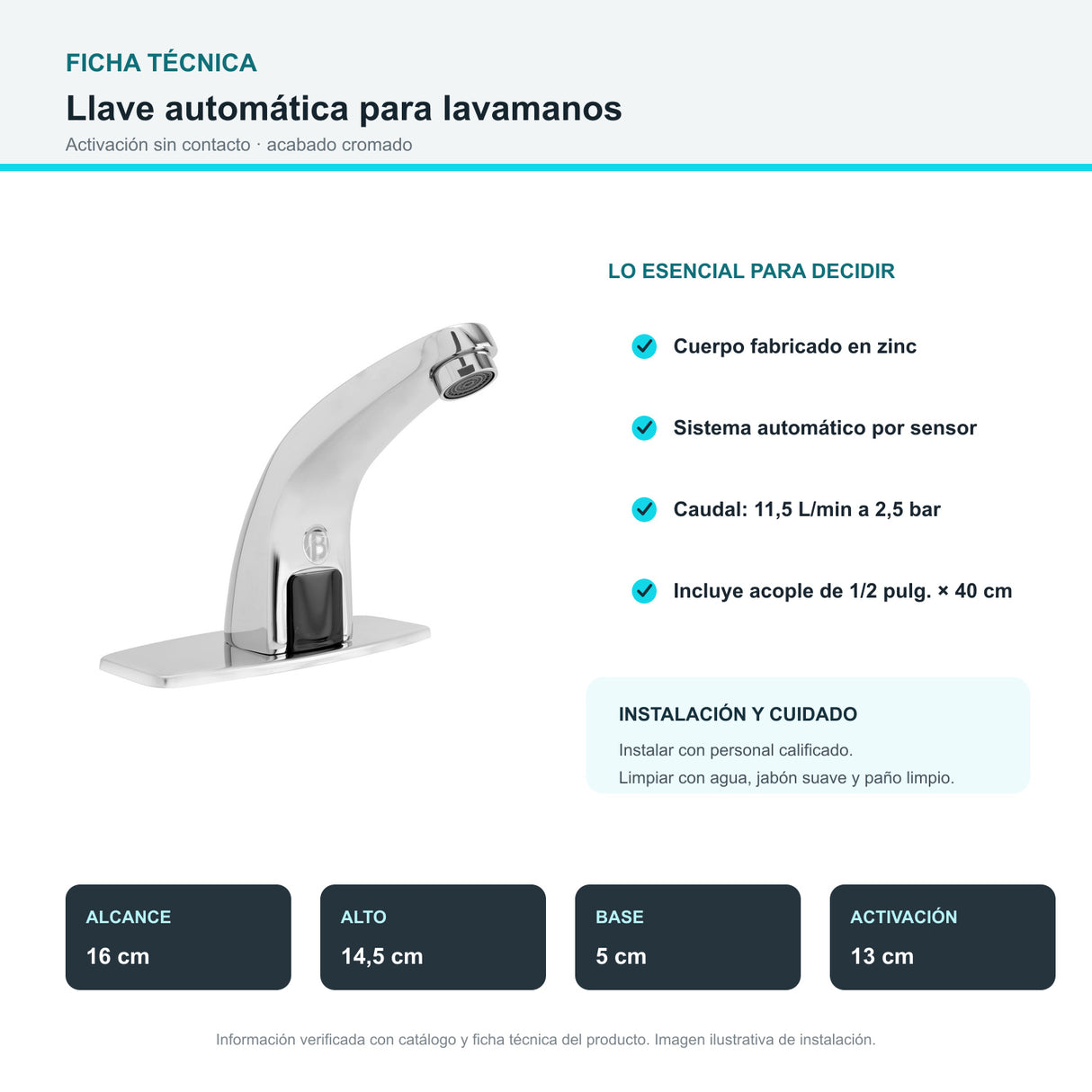 Llave automática cromada con sensor para lavamanos - imagen 5