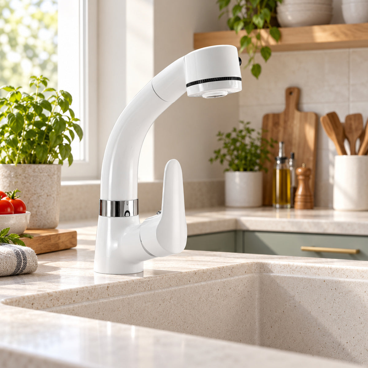 Mezclador Blanco Ajustable para Lavaplatos con Aireador de 2 Funciones - vista contextual