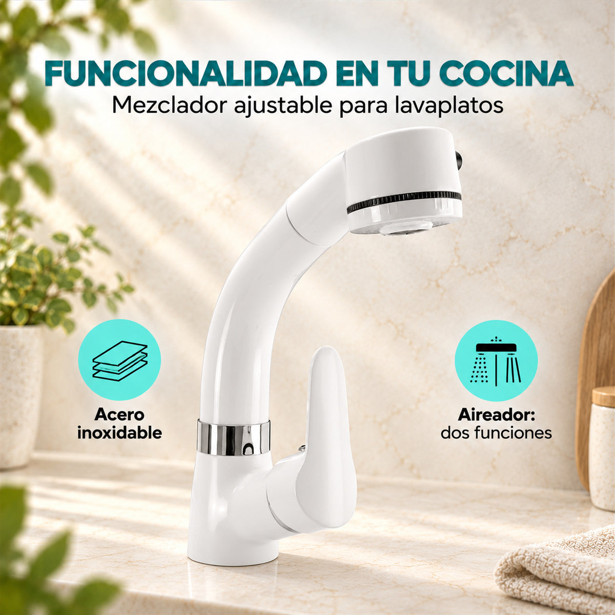 Mezclador Blanco Ajustable para Lavaplatos con Aireador de 2 Funciones - características