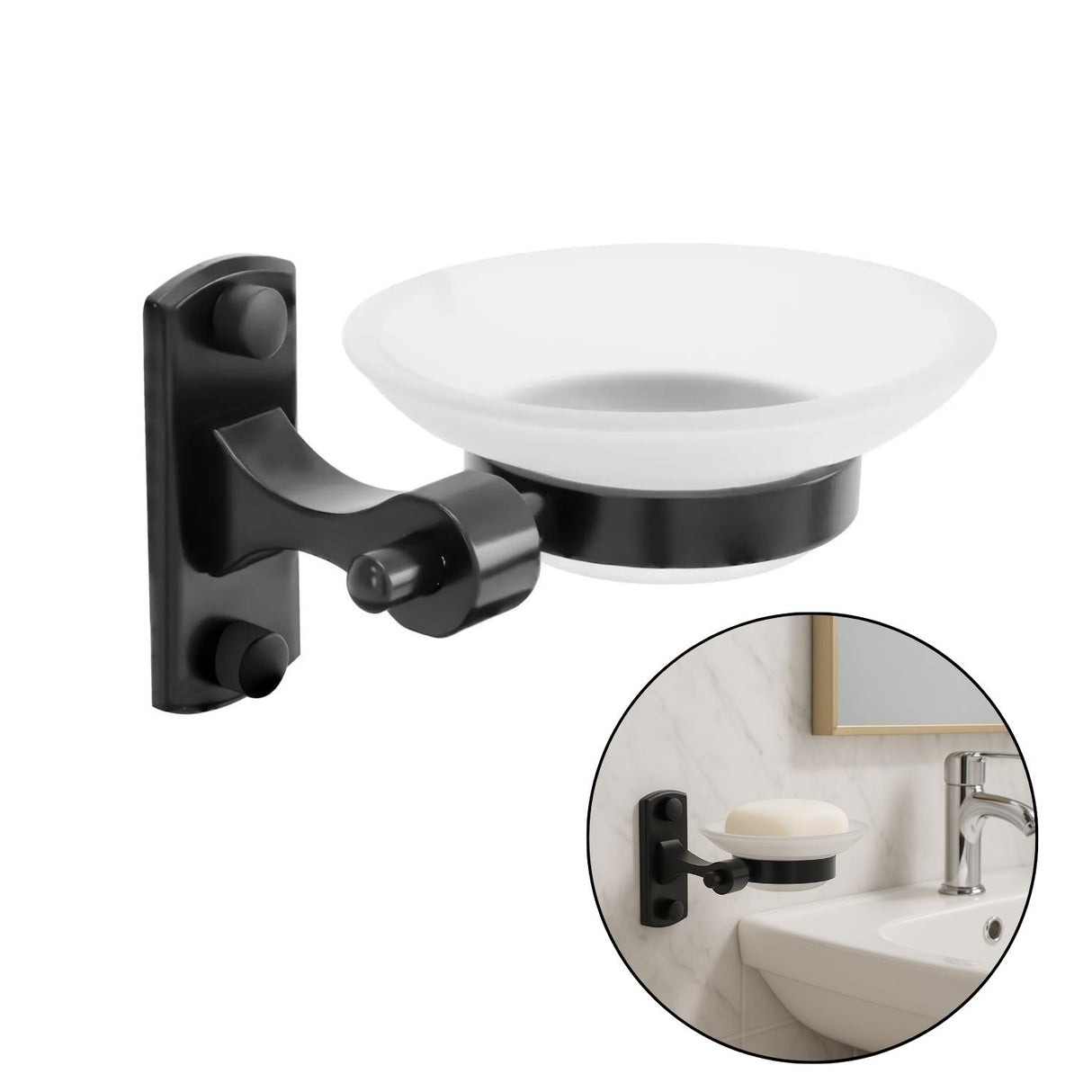 Jabonera Base Rectangular en Aluminio Color Negro con Plato de Cristal