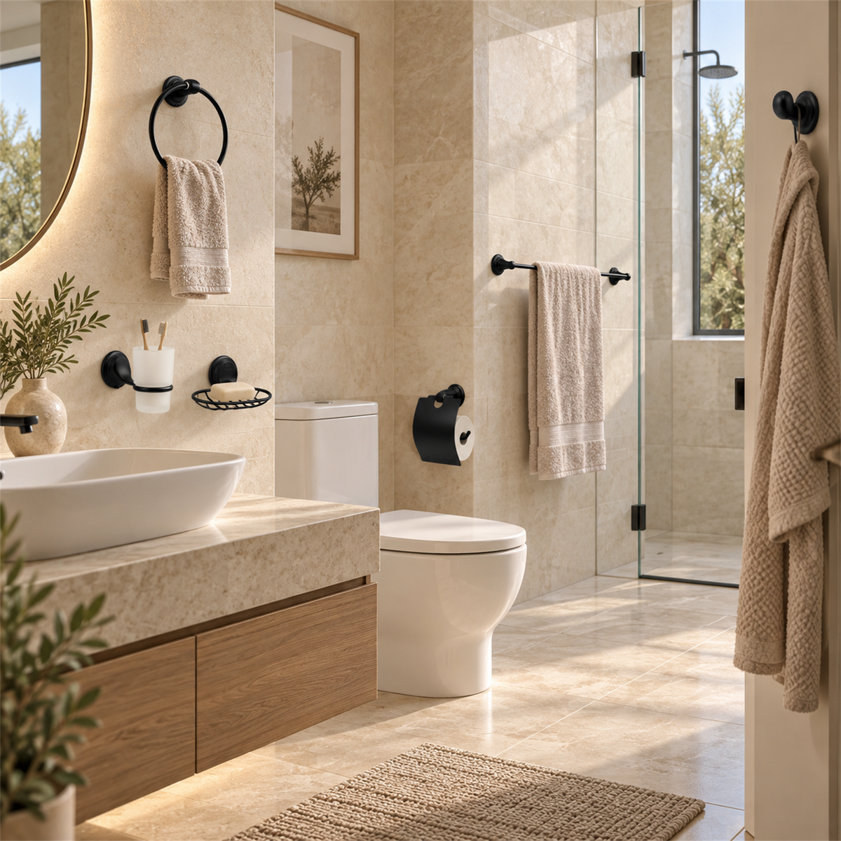 Conjunto de seis accesorios negros instalado en baño; vista amplia