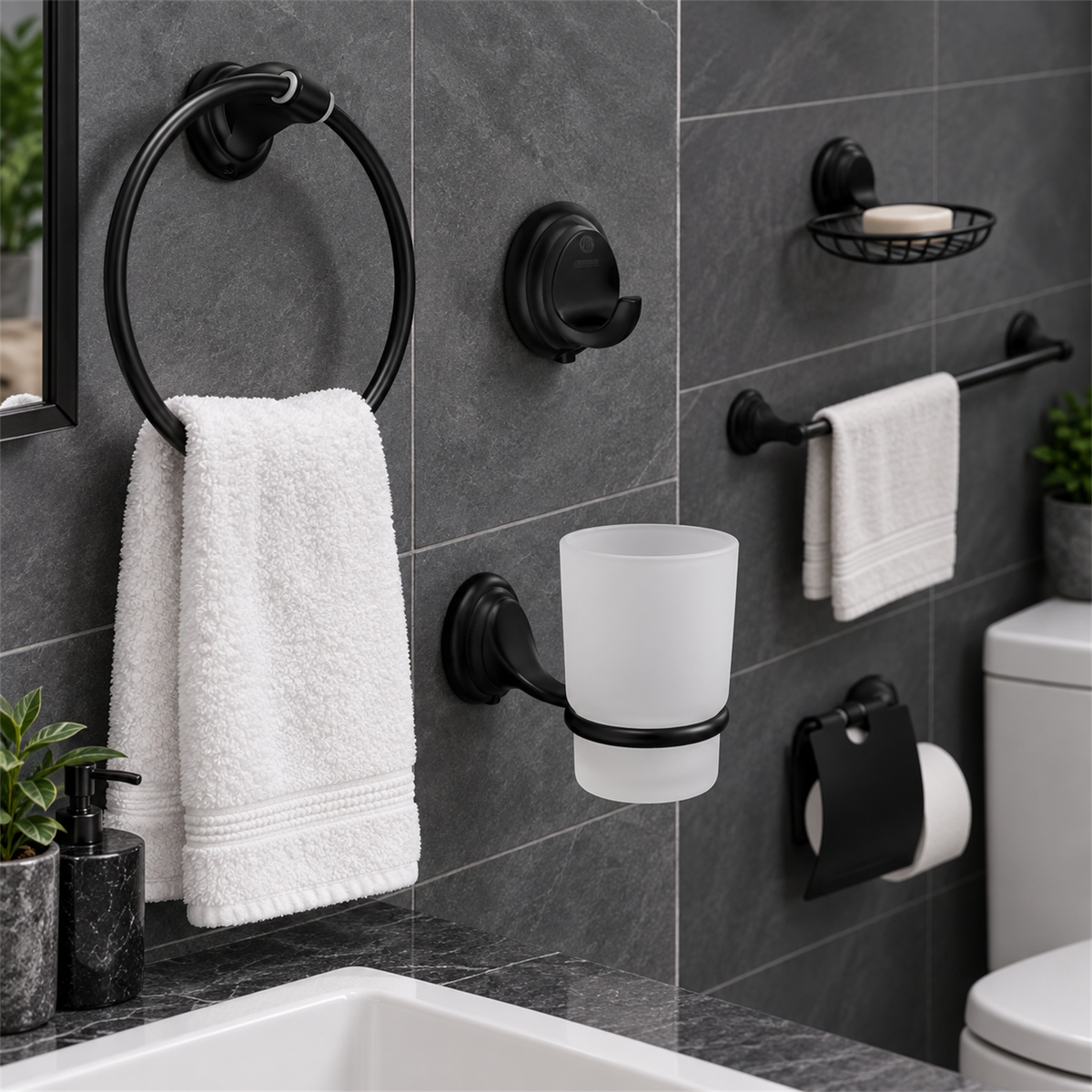 Conjunto de seis accesorios negros instalado en baño; vista cercana