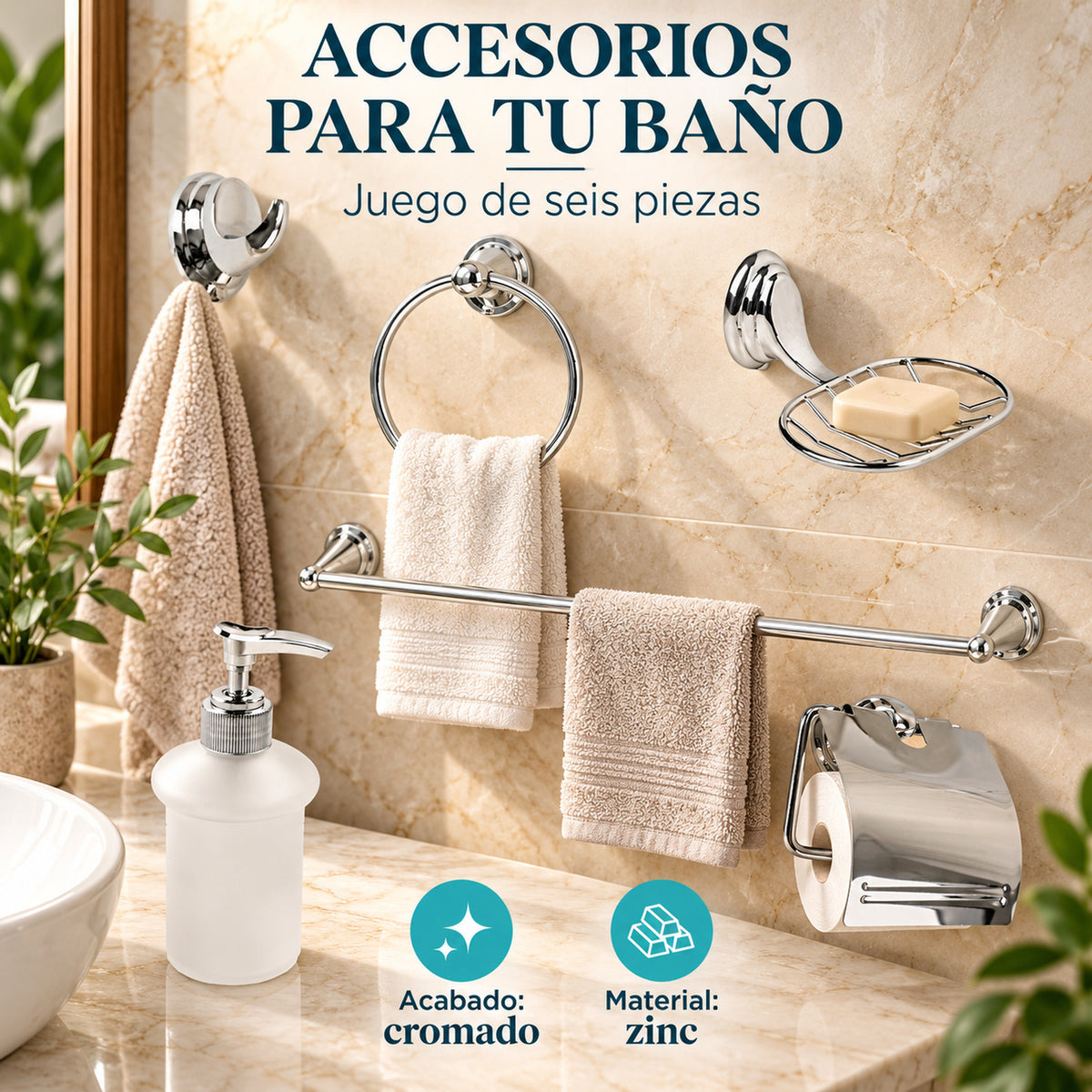 Juego de Accesorios para Baño Cromado de 6 Piezas — características