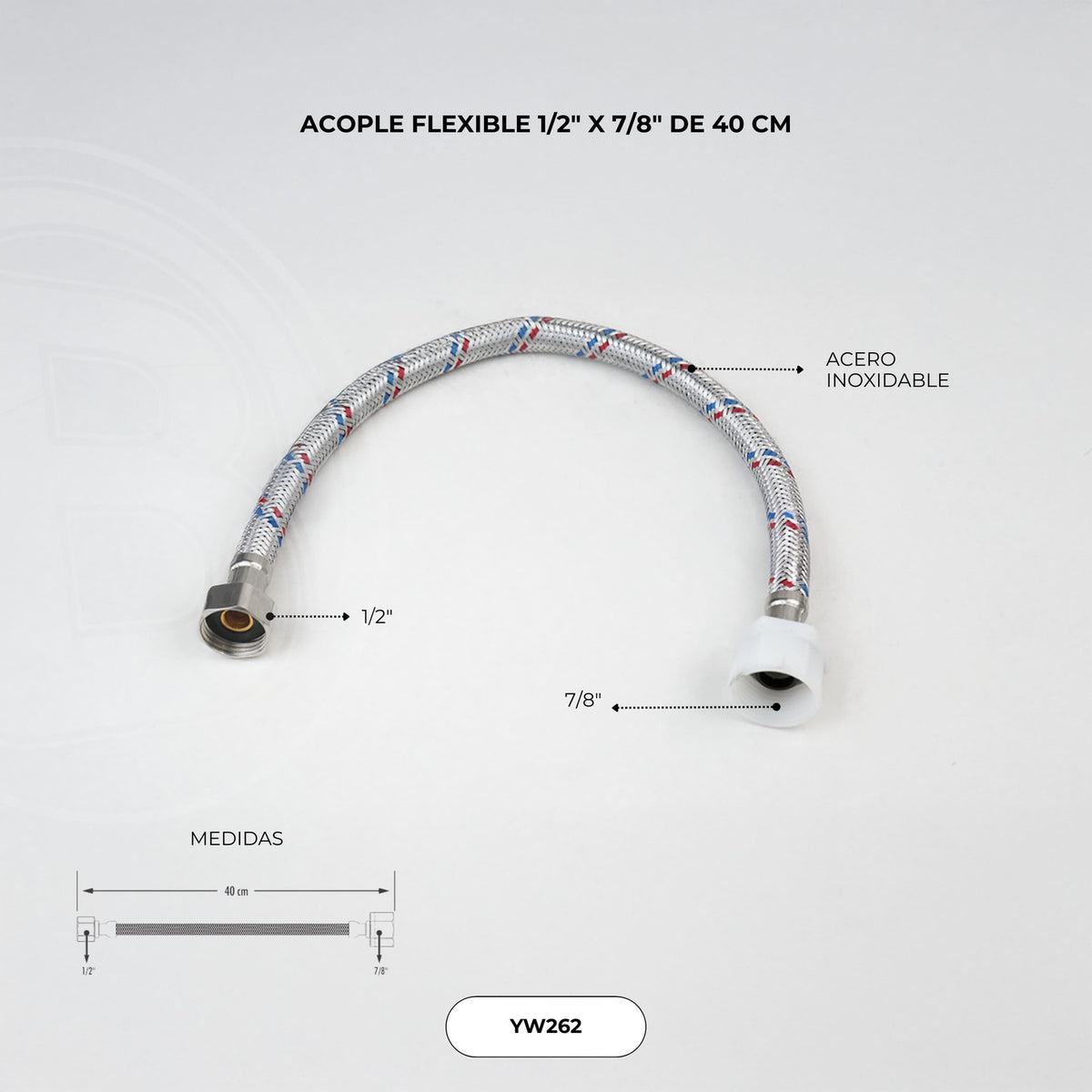 Acople Flexible Inoxidable 1/2 × 7/8 pulg 40 cm — detalle técnico
