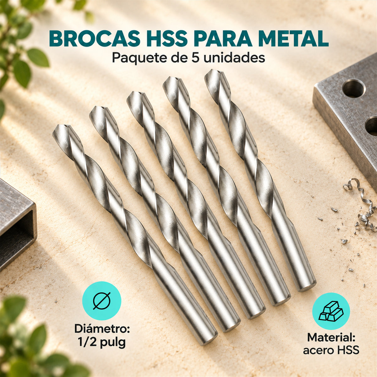 Características de Juego de 5 Brocas HSS para Metal de 1/2 Pulgada