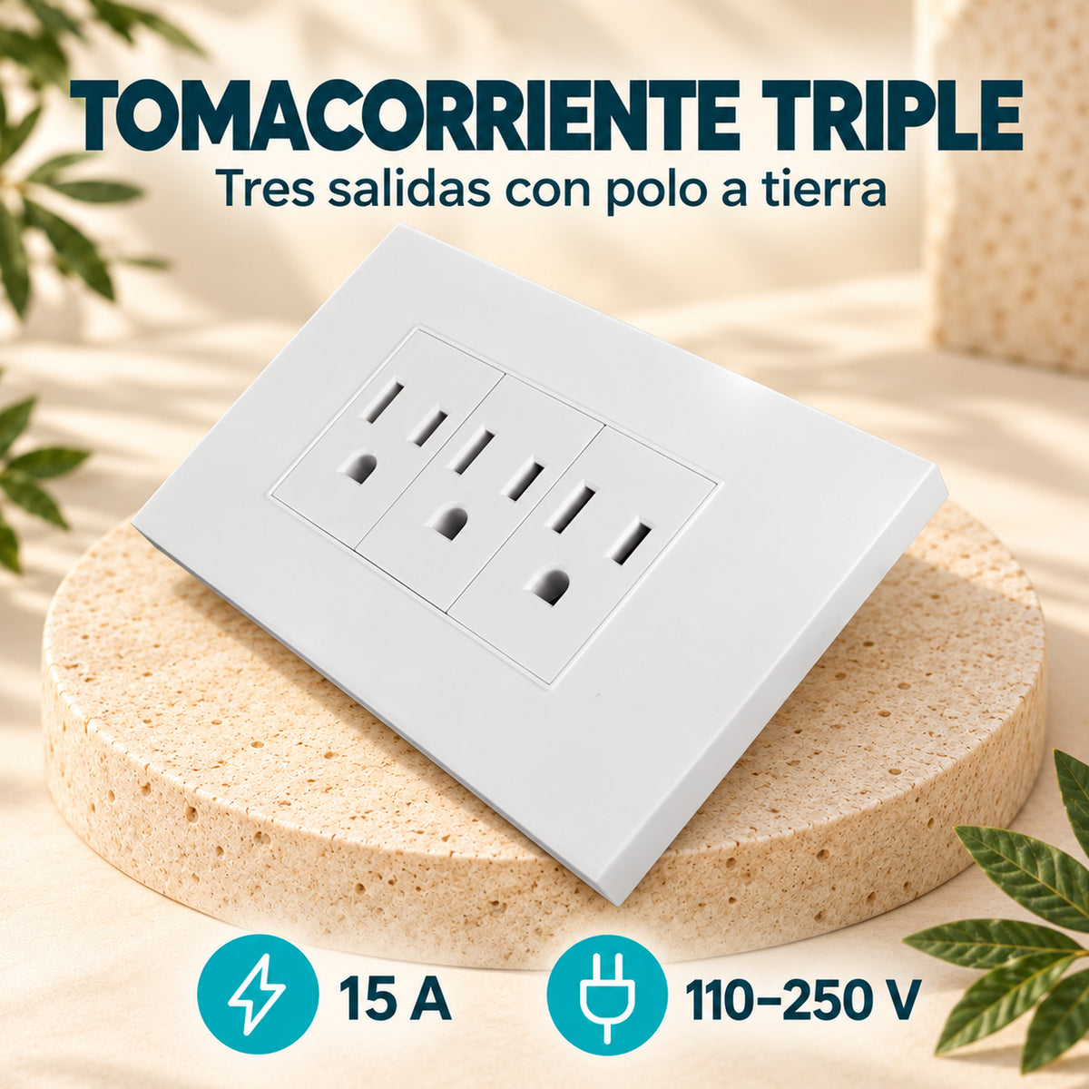 Tomacorriente triple con polo a tierra blanco 12 × 7,5 cm · 03 caracteristicas