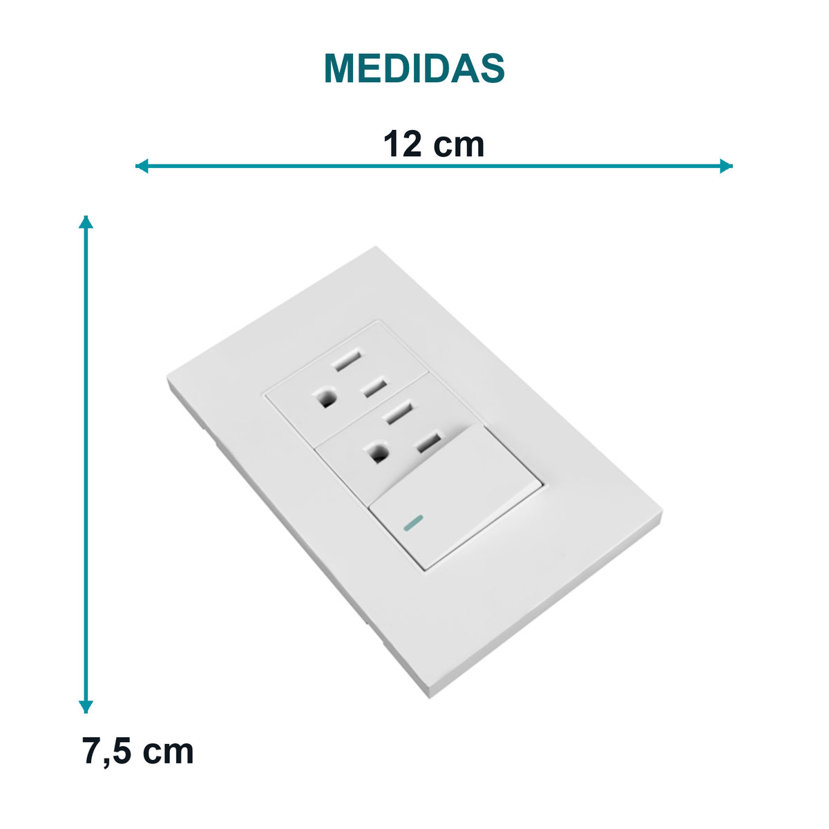 Tomacorriente Doble con Interruptor Blanco 12 × 7,5 cm — medidas