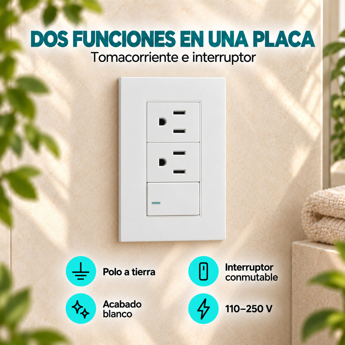 Tomacorriente Doble con Interruptor Blanco 12 × 7,5 cm — características