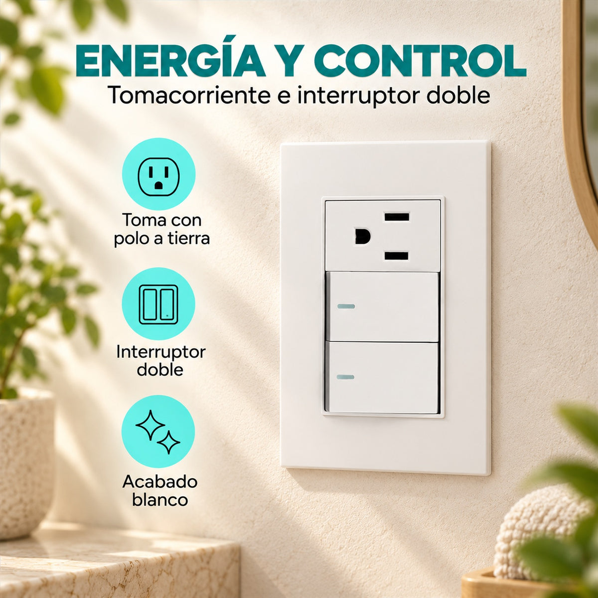 Tomacorriente con polo a tierra y doble interruptor blanco - características