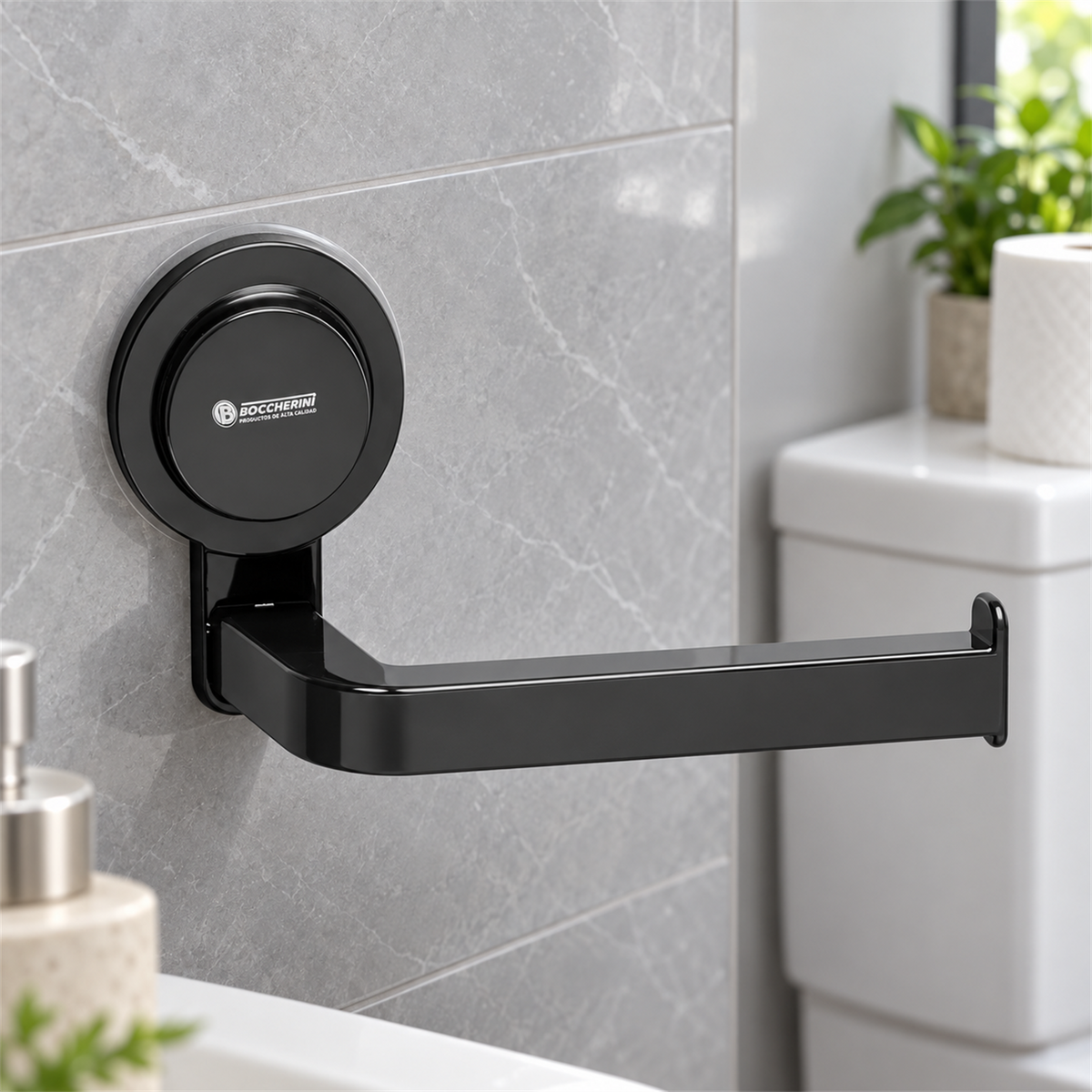 Portarrollos negro con ventosa instalado en baño; vista cercana