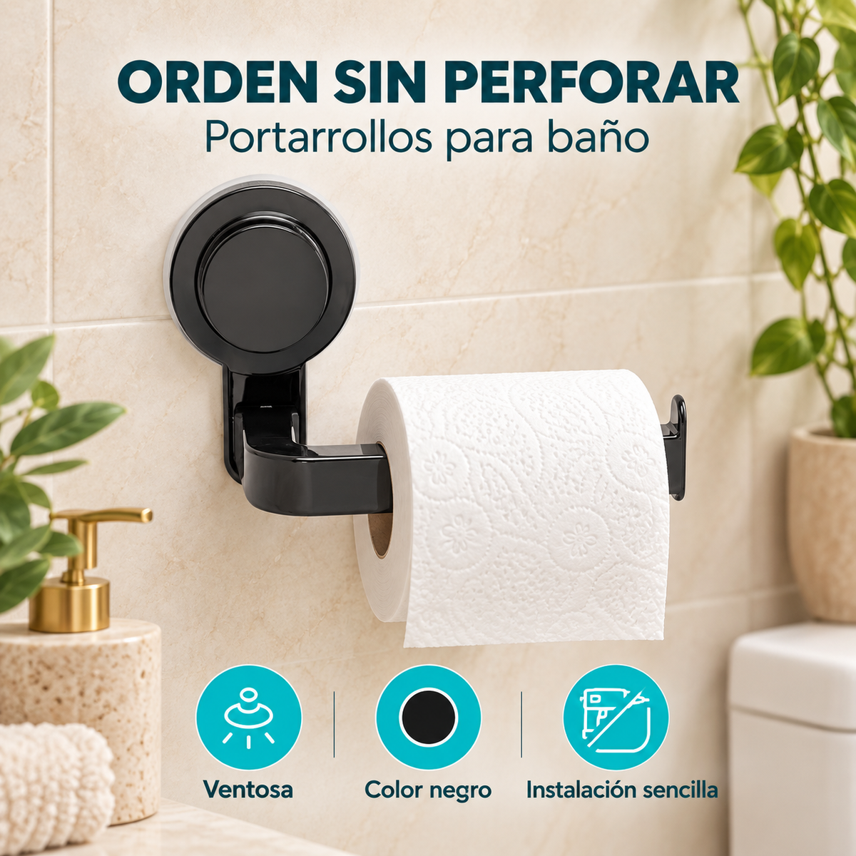 Características de Portarrollos negro con ventosa para baño