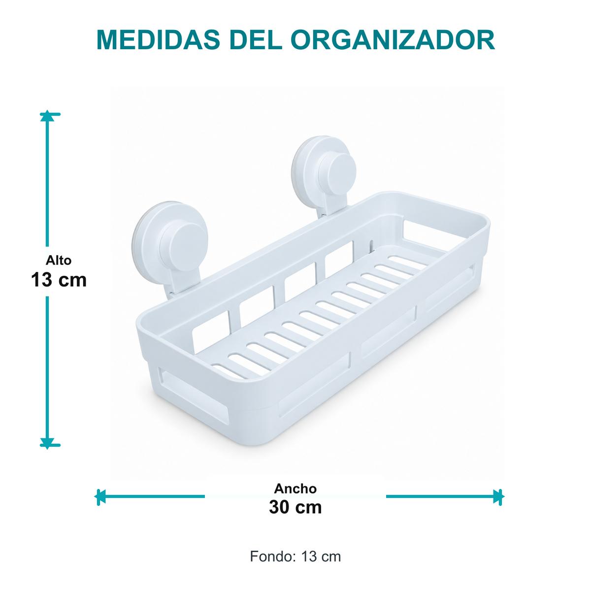 Medidas verificadas de Organizador Rectangular Blanco Con Ventosas 30 Cm