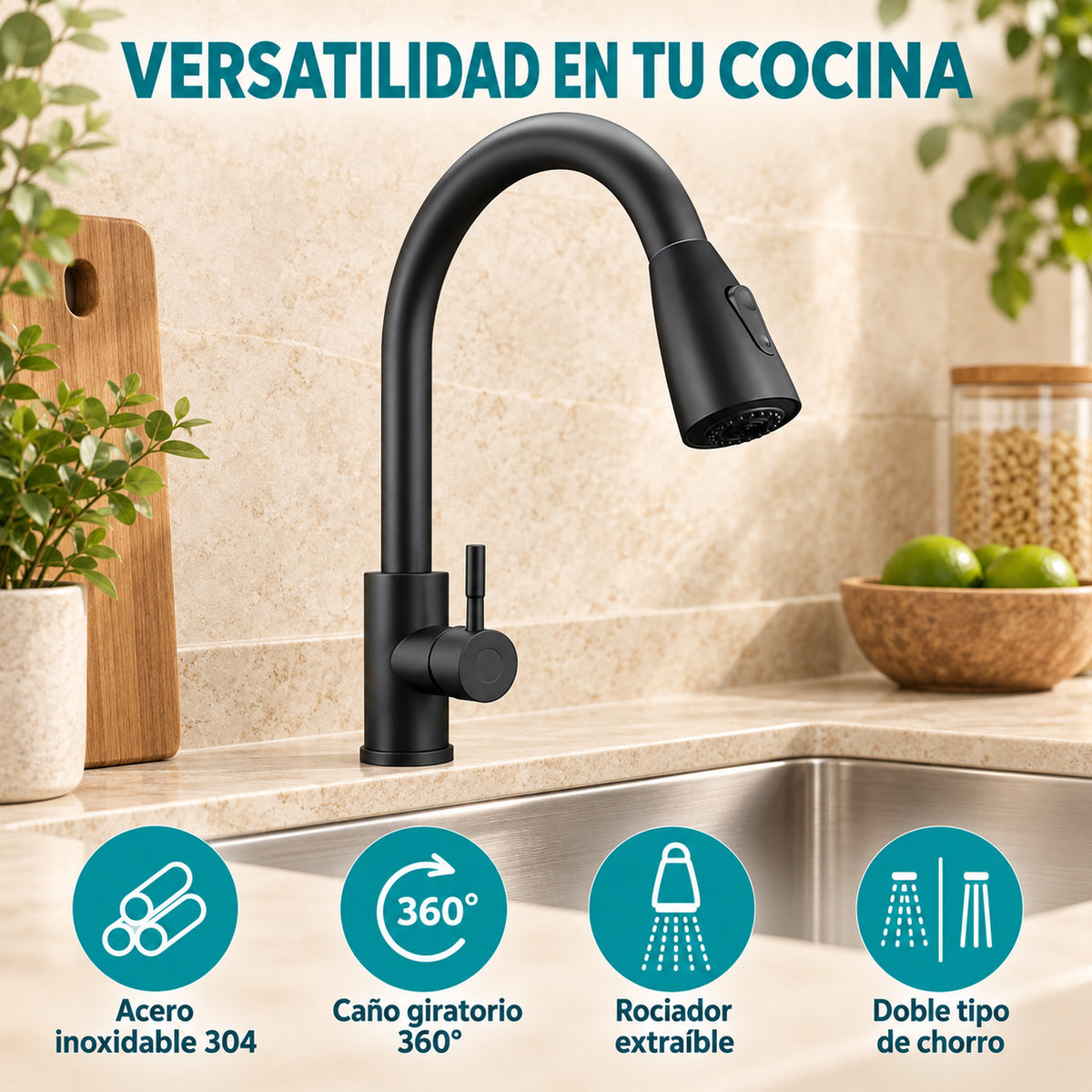 Mezclador Extraíble Para Lavaplatos Negro 37 cm — características