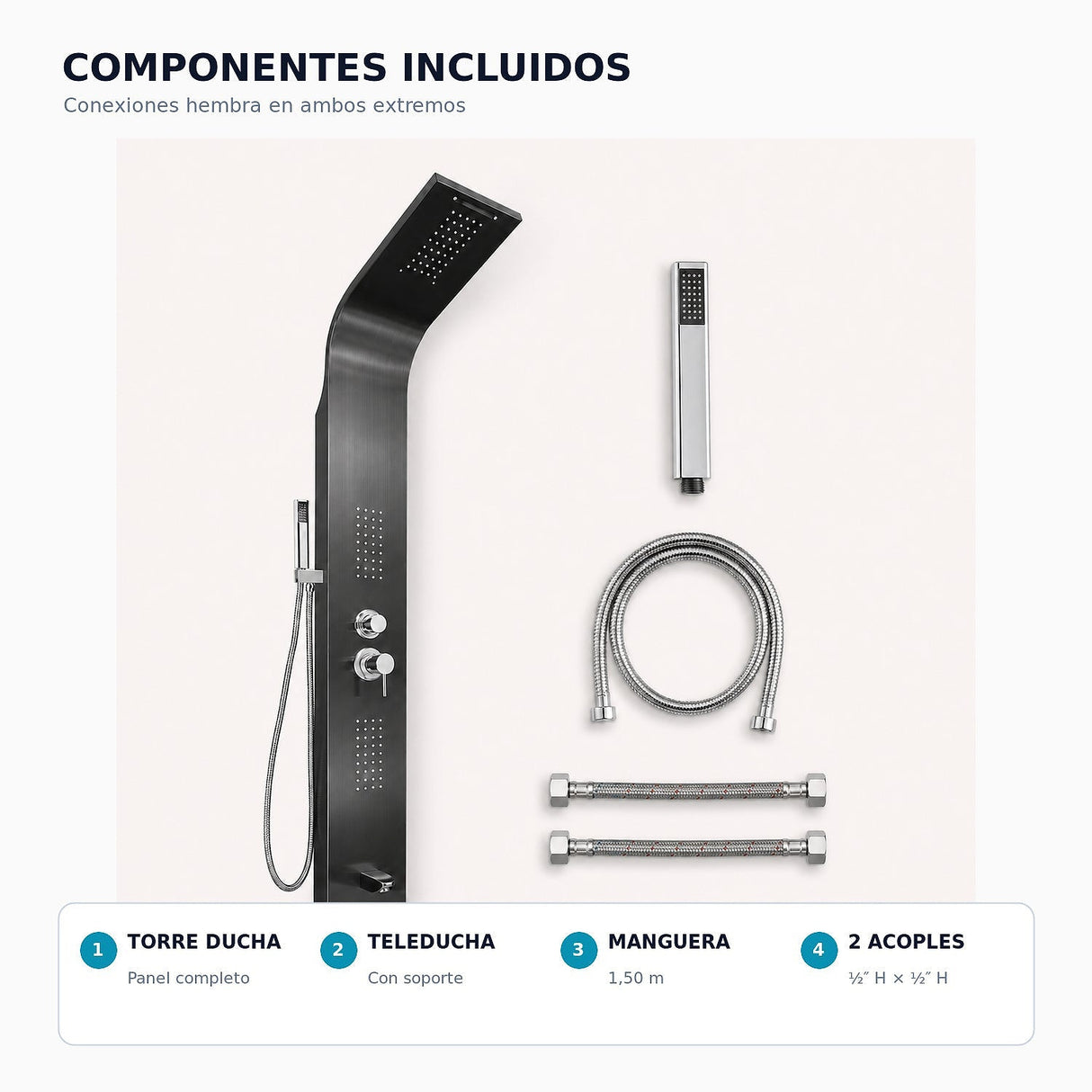 Componentes incluidos de la torre de ducha negra