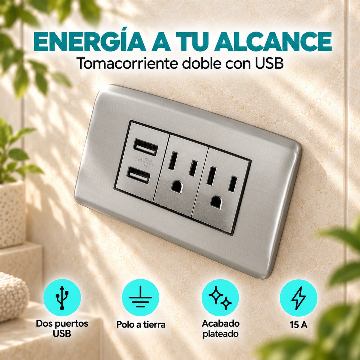 Tomacorriente Doble con USB Plateado 12 × 7,5 cm — características