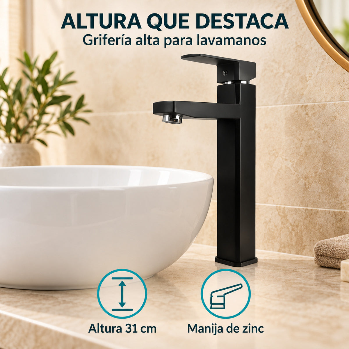 Grifería Monocontrol Alta Negra Para Lavamanos 31 cm — características