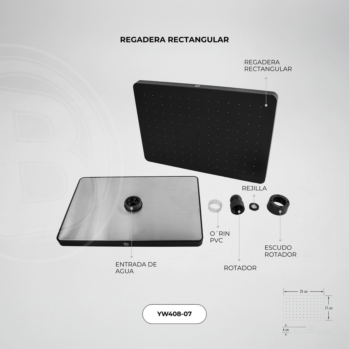 Regadera Rectangular Negra 25 × 17 cm — fotografía oficial 2