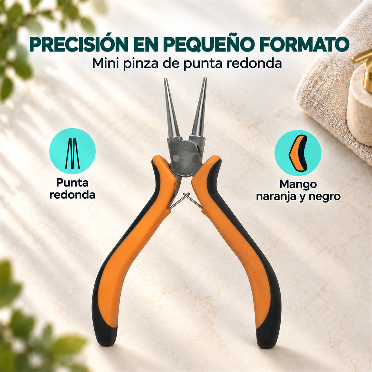 Mini Pinza de Punta Redonda con Mango Naranja y Negro - características