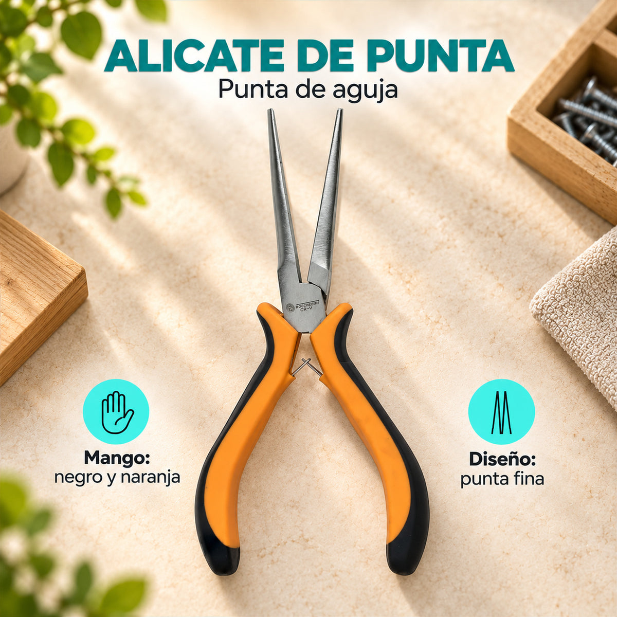 Características de Alicate de Punta de Aguja con Mango Naranja y Negro