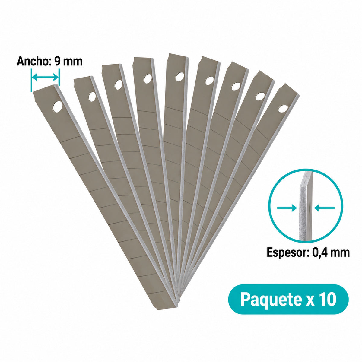 Medidas de Juego de 10 Cuchillas para Bisturí de 9 mm