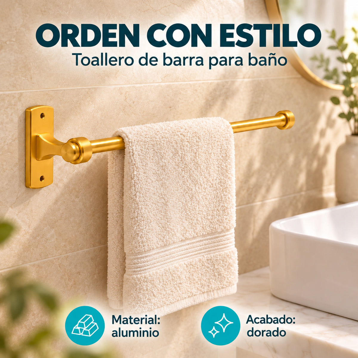 Toallero de barra para baño en aluminio dorado con características