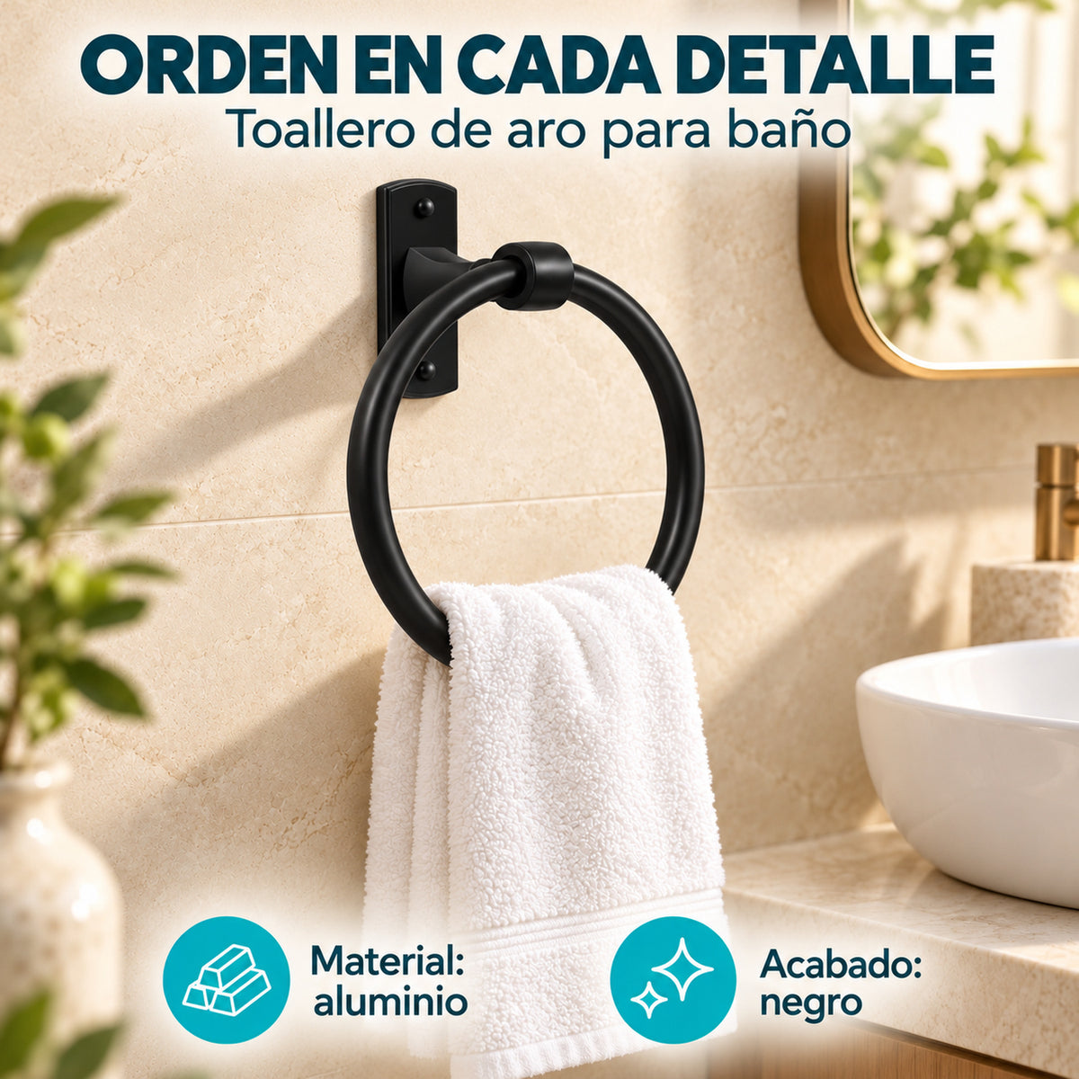 Toallero de aro para baño en aluminio negro con características