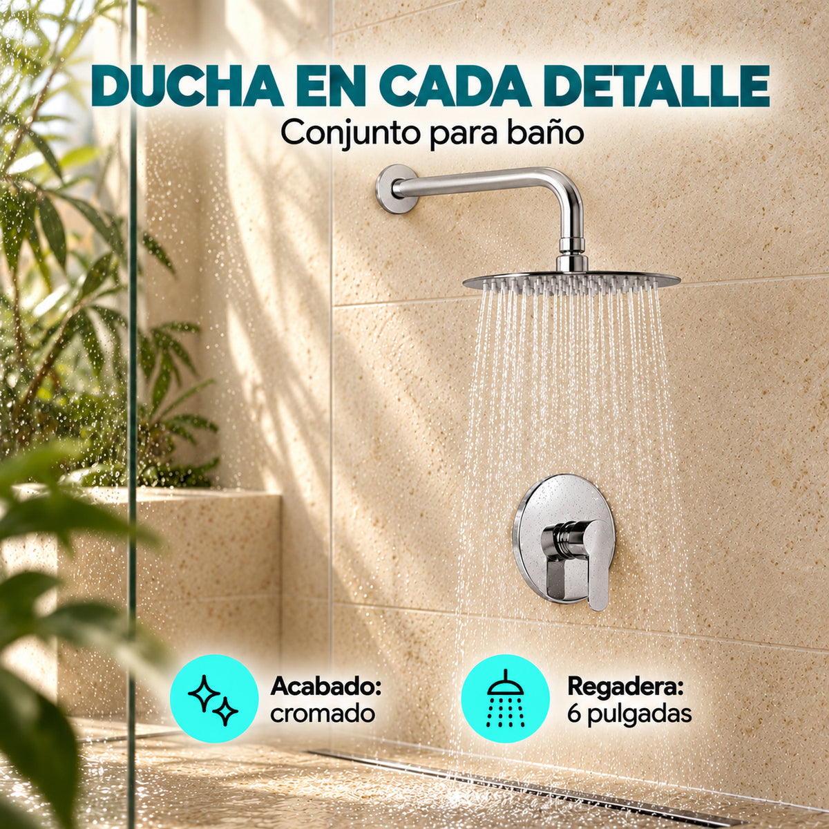 Conjunto de ducha monomando cromado con regadera de 6 pulgadas con características
