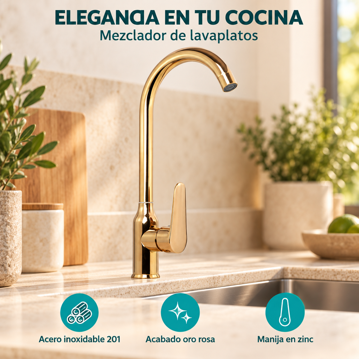 Características de Mezclador de lavaplatos oro rosa en acero inoxidable 201