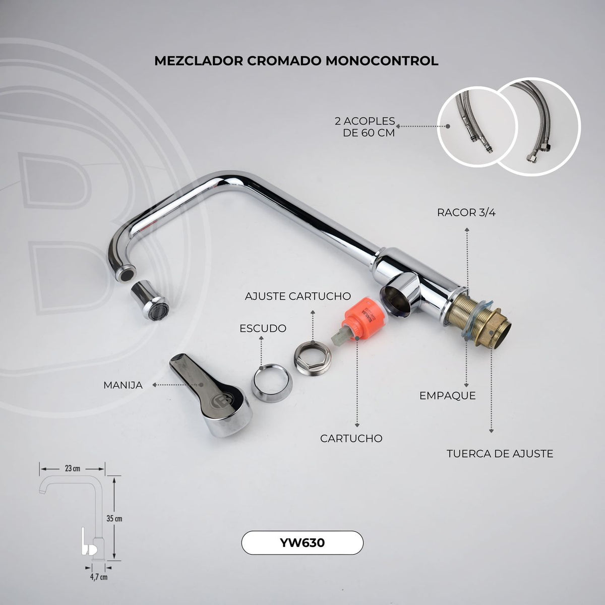 Mezclador Monocontrol Alto Cromado con Acoples de 60 cm - foto oficial 3