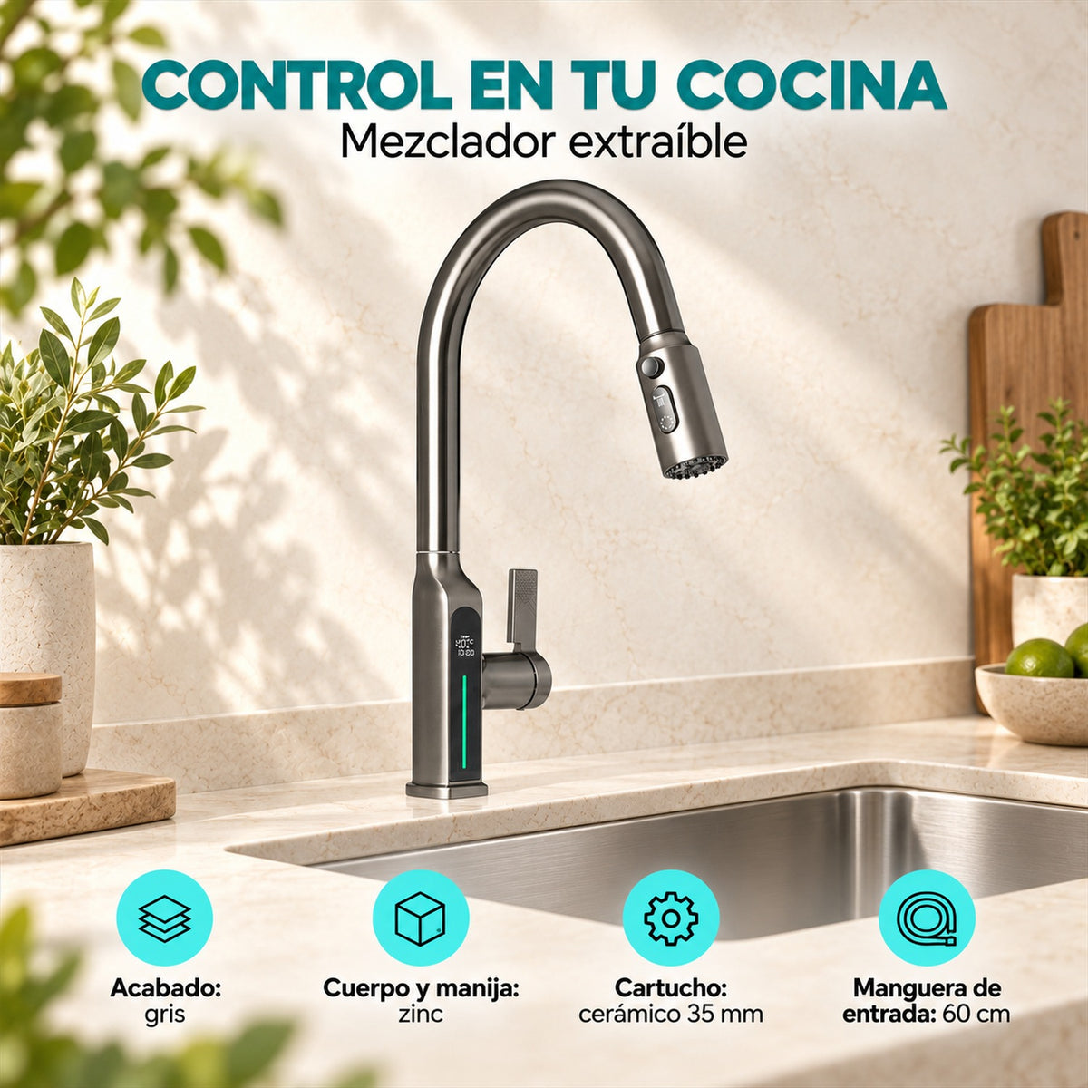Mezclador extraíble para cocina gris con cartucho cerámico - características