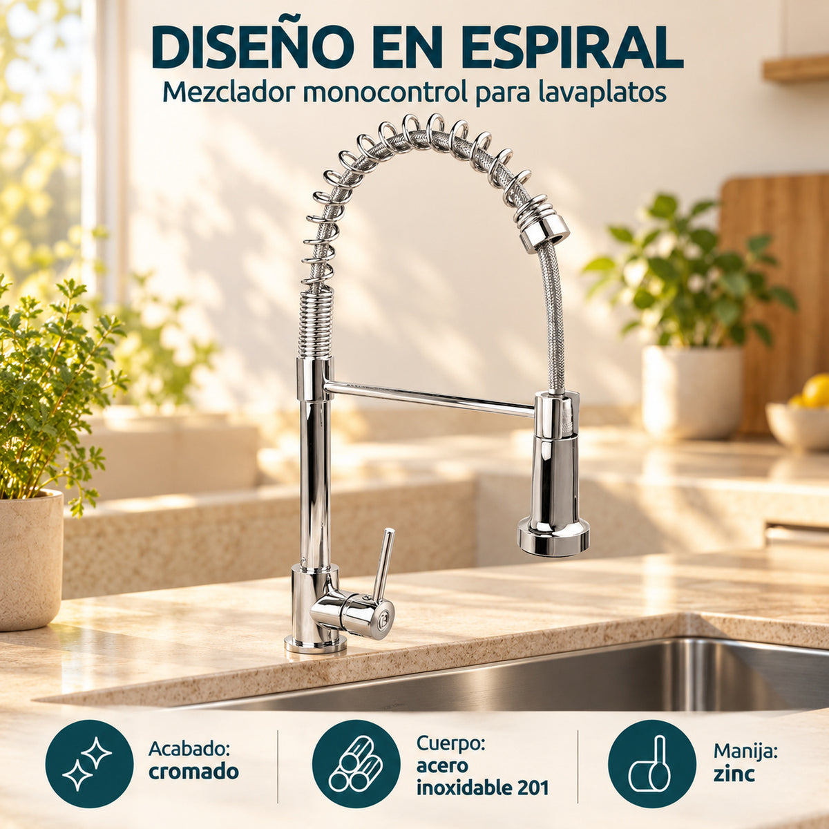Mezclador Monocontrol Espiral para Lavaplatos Cromado — características